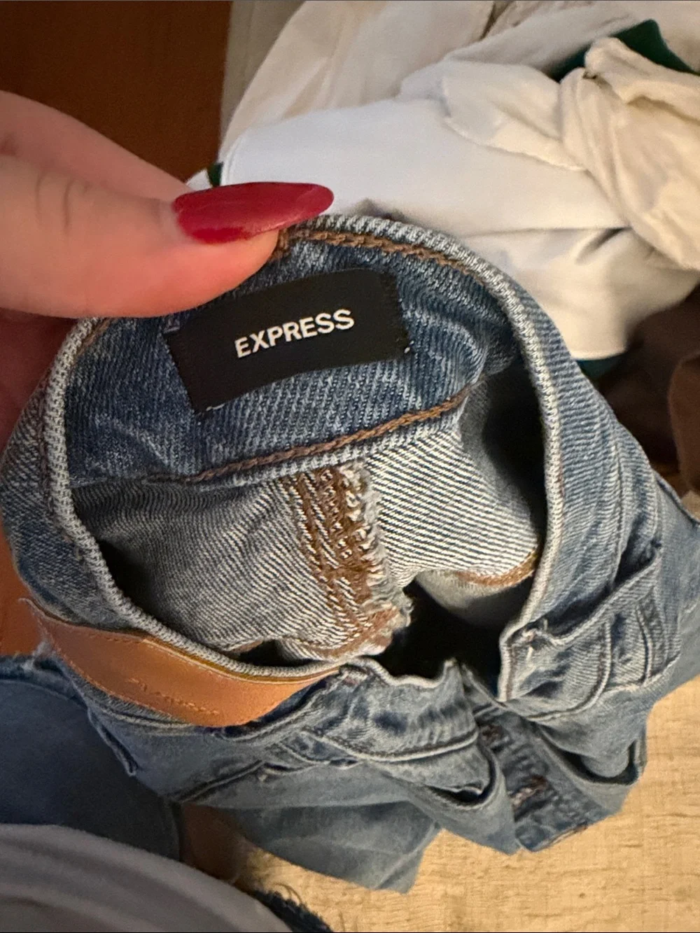 Express Men’s Blue Denim Jeans with Tan Leather Patch